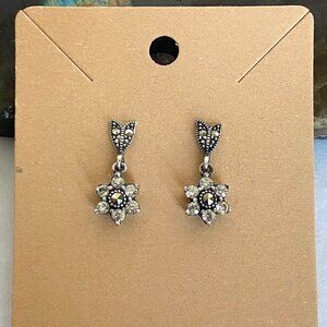 Sterling Silver 925 Cubic Zirconia & Marcasite Flower Dangle Stud Earrings